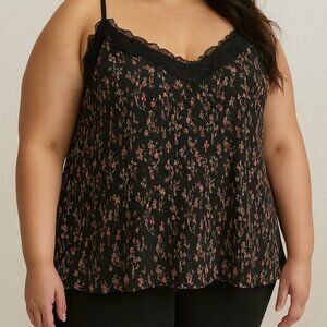 Everleigh Plus Size 3X Black Floral Lace Trim Pleated Cami Tank Top
